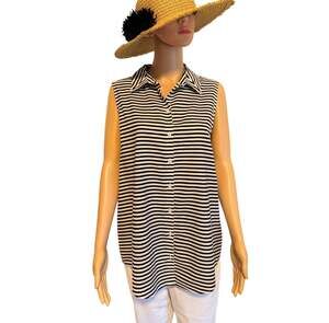 Chico's No Iron Black White Striped Sleeveless Button Up, Women's Size 12